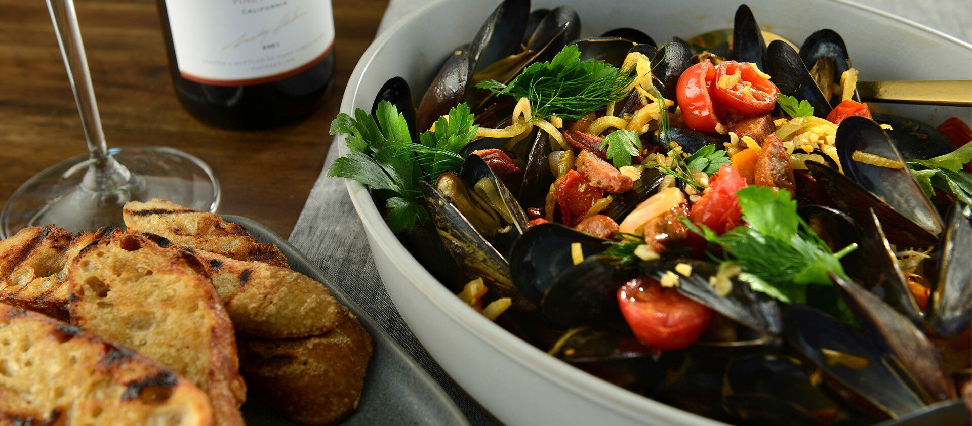 Steamed Mussels with Chorizo in a White Wine Sauce